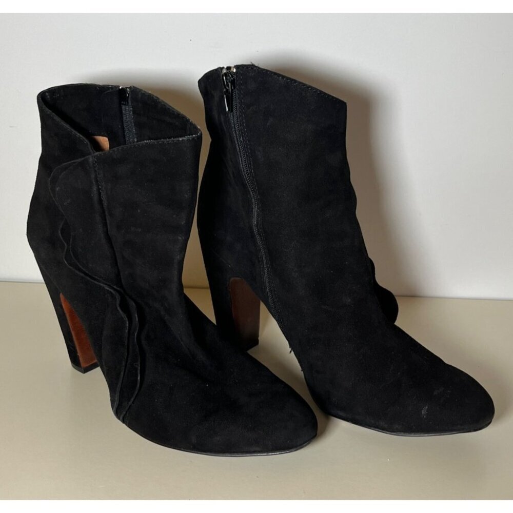 No. 704 Black Booties Pansy Suede Ruffle Ankle Boots Booties Size 39.5/ US 9